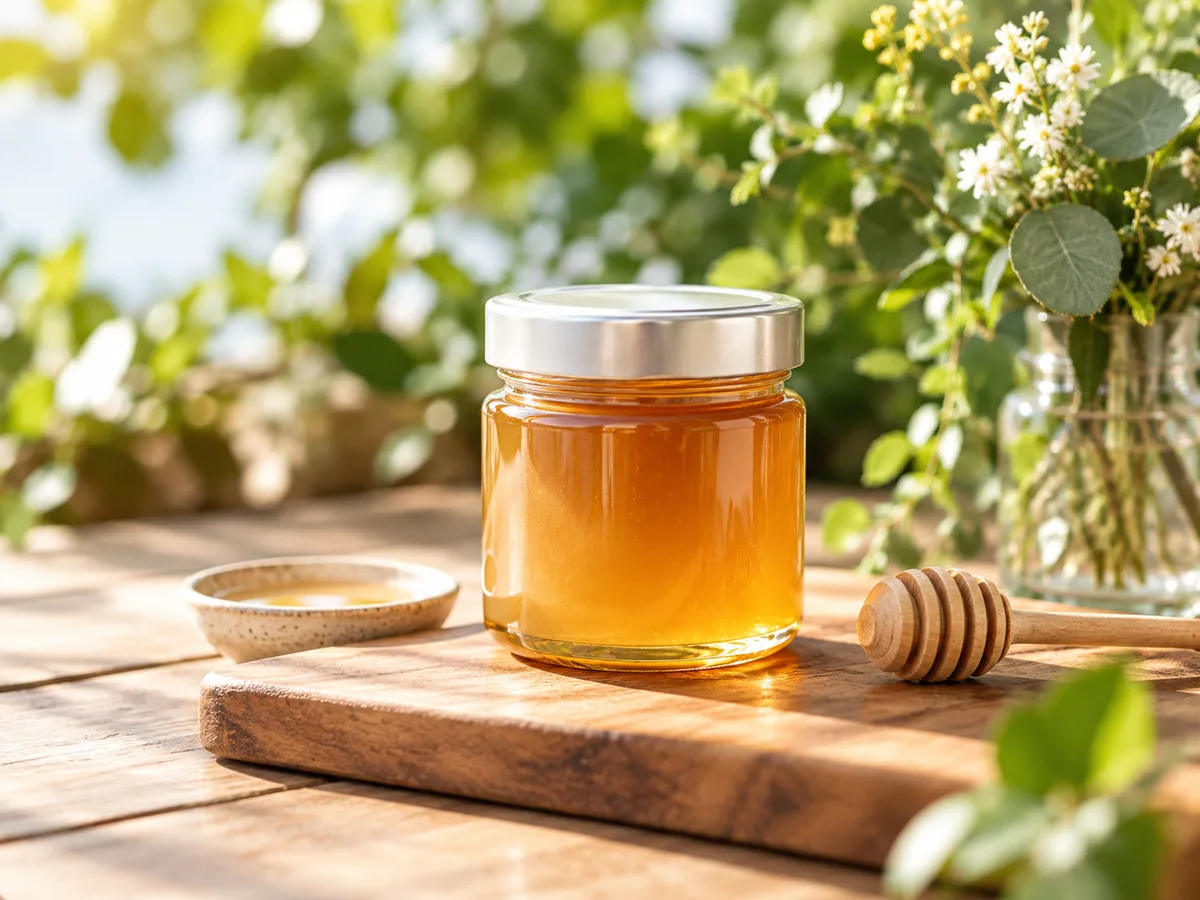 木のテーブルに置かれた蜂蜜の瓶（イメージ）